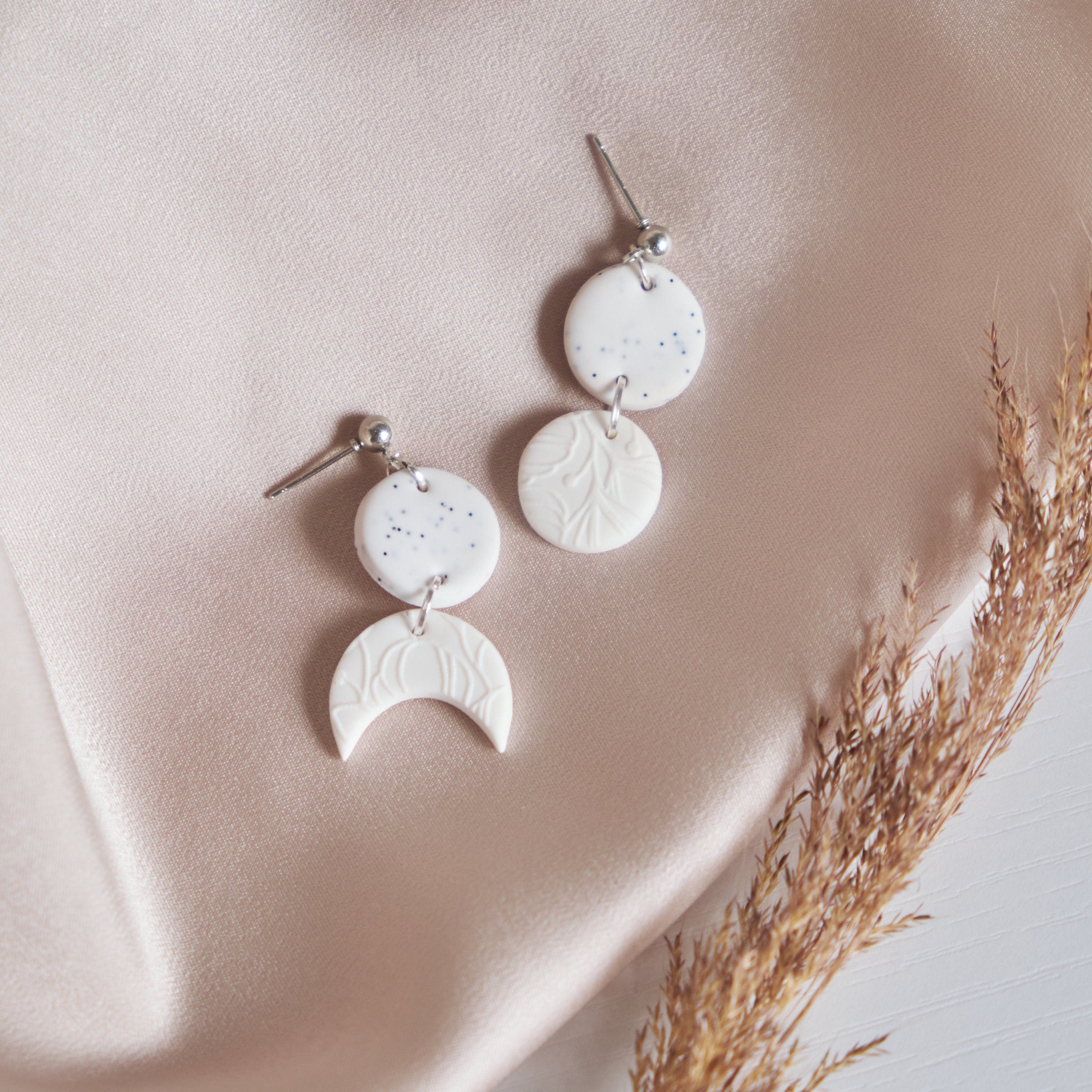 Handmade faux leather neutral ombre dangle discount earrings, three mini half moon semi circle earrings, lightweight statement earrings